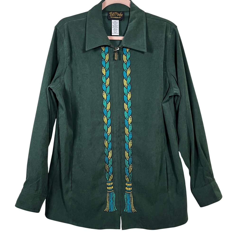 NWT Vintage Bob Mackie Wearable Art Green Embroidered Zip Shirt Jacket M